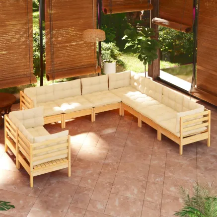 Salon de jardin 9 pcs avec coussins crème bois de pin massif