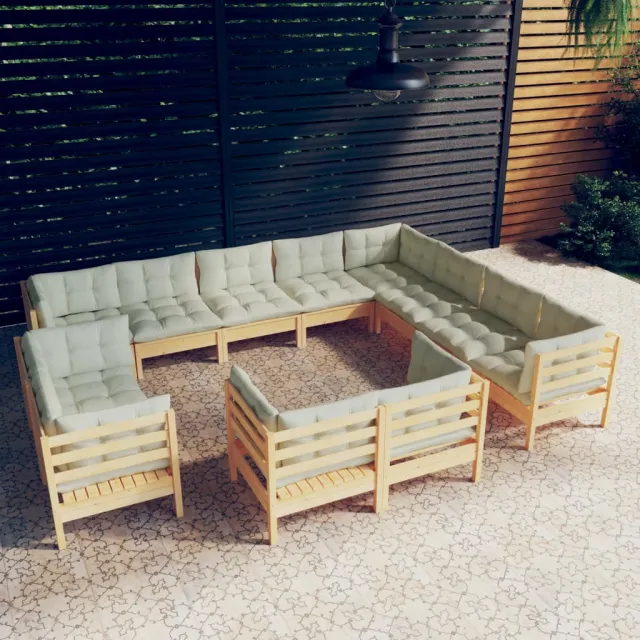 Salon de jardin 12 pcs avec coussins crème Bois de pin massif