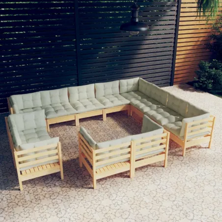 Salon de jardin 12 pcs avec coussins crème Bois de pin massif