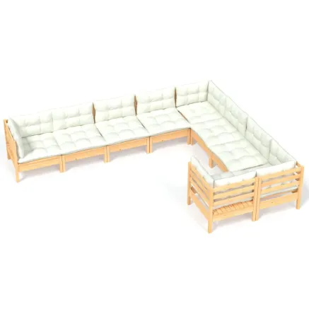 Salon de jardin 9 pcs avec coussins crème bois de pin 2