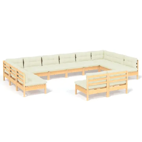 Salon de jardin 12 pcs avec coussins crème Bois de pin massif