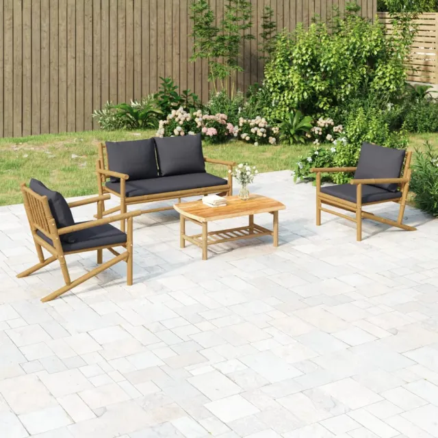 Salon de jardin 4 pcs avec coussins gris foncé bambou