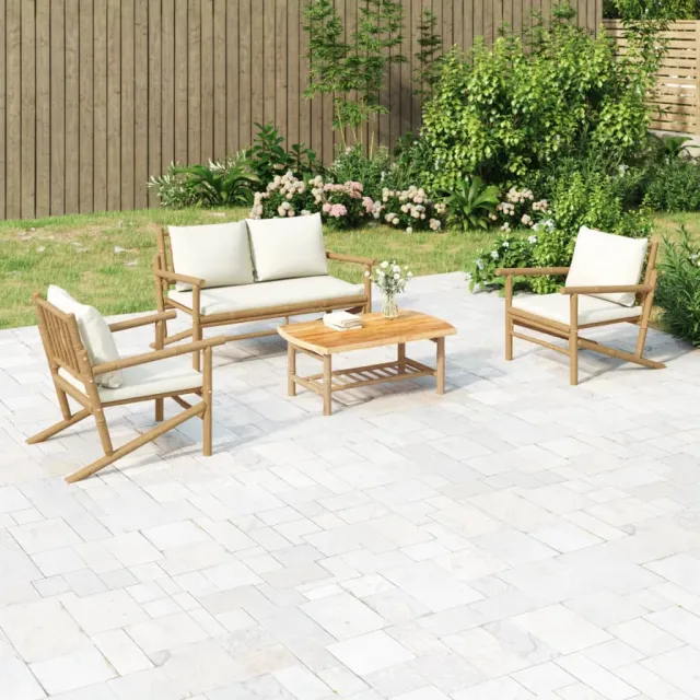Salon de jardin 4 pcs avec coussins blanc crème bambou