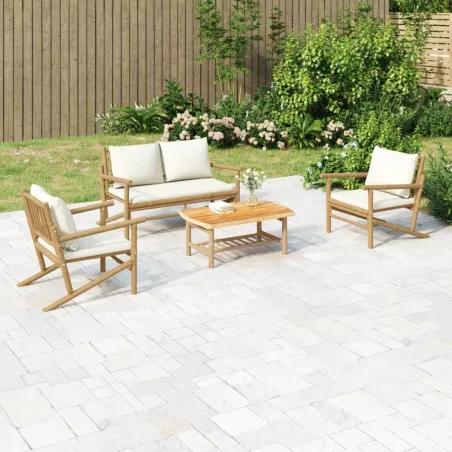 Salon de jardin 4 pcs avec coussins blanc crème bambou