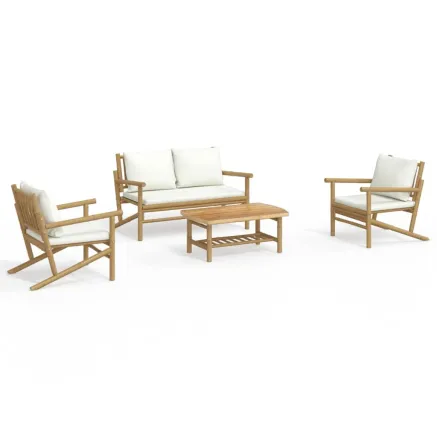 Salon de jardin 4 pcs avec coussins blanc crème bambou 2