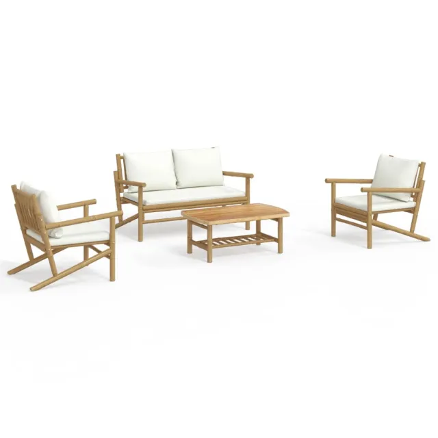Salon de jardin 4 pcs avec coussins blanc crème bambou