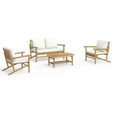 Salon de jardin 4 pcs avec coussins blanc crème bambou