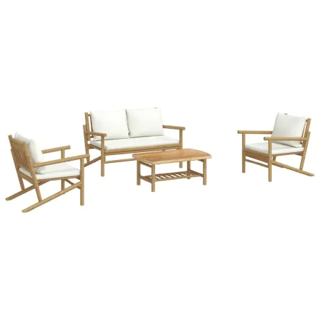 Salon de jardin 4 pcs avec coussins blanc crème bambou