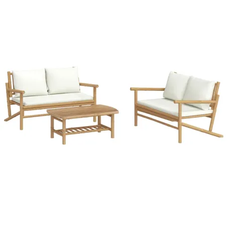 Salon de jardin 3 pcs avec coussins blanc crème bambou