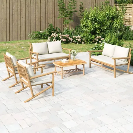 Salon de jardin 5 pcs avec coussins blanc crème bambou