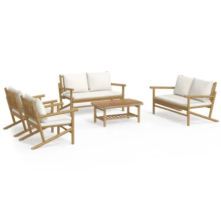 Salon de jardin 5 pcs avec coussins blanc crème bambou 2