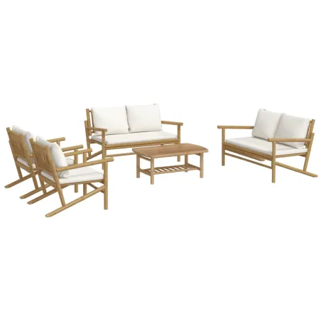 Salon de jardin 5 pcs avec coussins blanc crème bambou