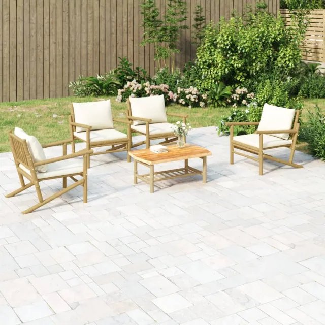 Salon de jardin 5 pcs avec coussins blanc crème bambou