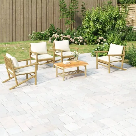 Salon de jardin 5 pcs avec coussins blanc crème bambou