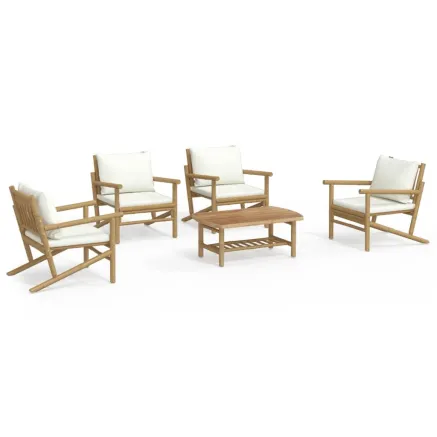 Salon de jardin 5 pcs avec coussins blanc crème bambou 2