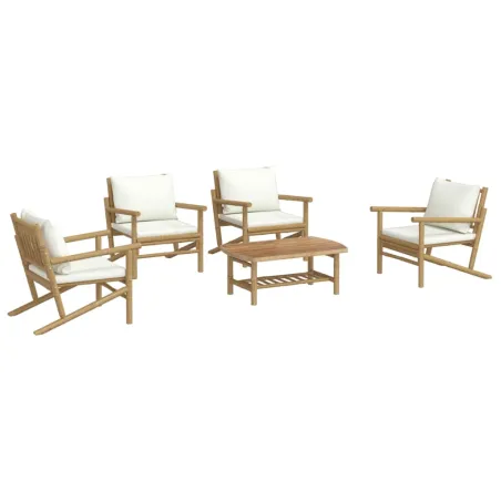 Salon de jardin 5 pcs avec coussins blanc crème bambou