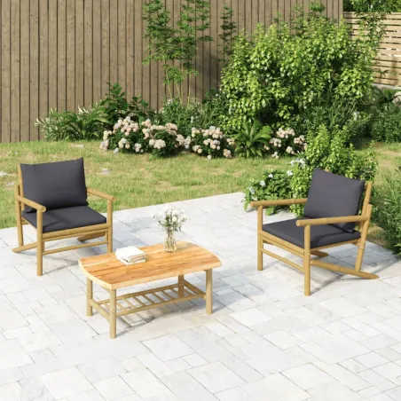 Salon de jardin 3 pcs avec coussins gris foncé bambou