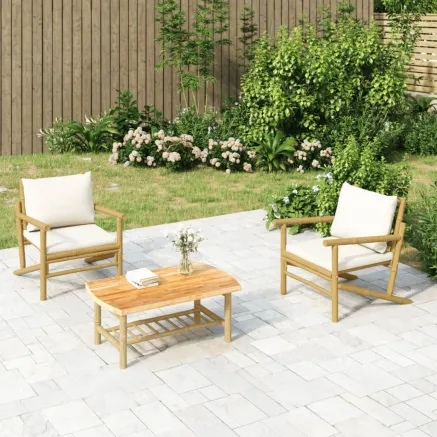 Salon de jardin 3 pcs avec coussins blanc crème bambou