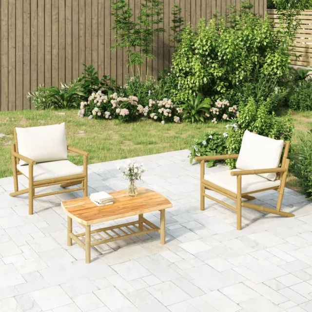 Salon de jardin 3 pcs avec coussins blanc crème bambou