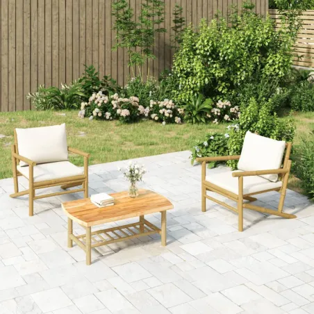 Salon de jardin 3 pcs avec coussins blanc crème bambou
