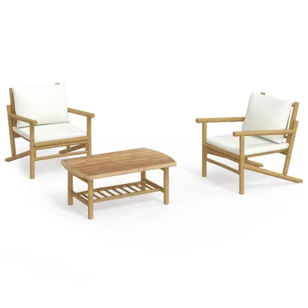 Salon de jardin 3 pcs avec coussins blanc crème bambou 2