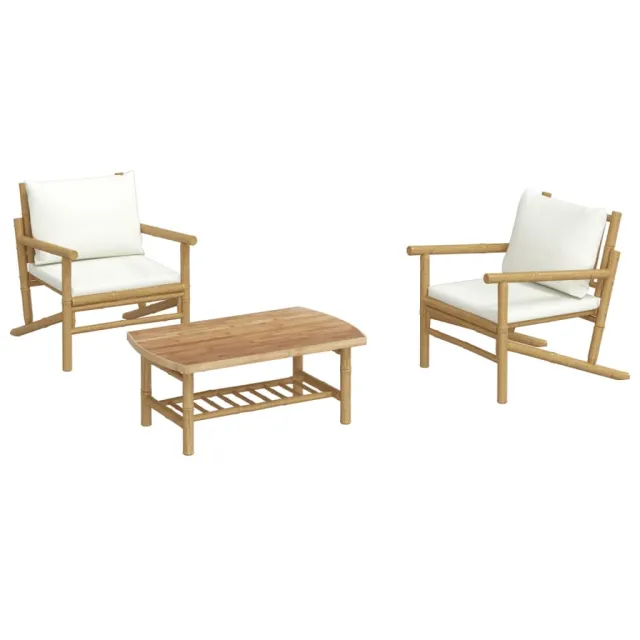 Salon de jardin 3 pcs avec coussins blanc crème bambou