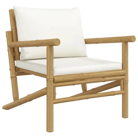 Salon de jardin 3 pcs avec coussins blanc crème bambou