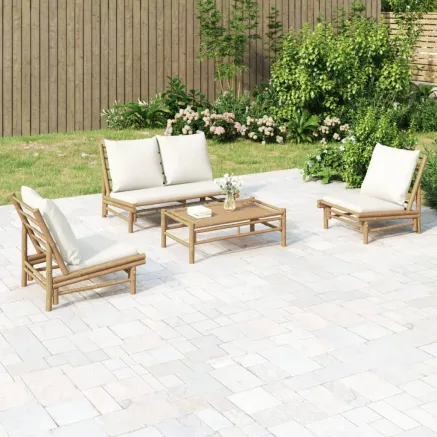 Salon de jardin 4 pcs avec coussins blanc crème bambou