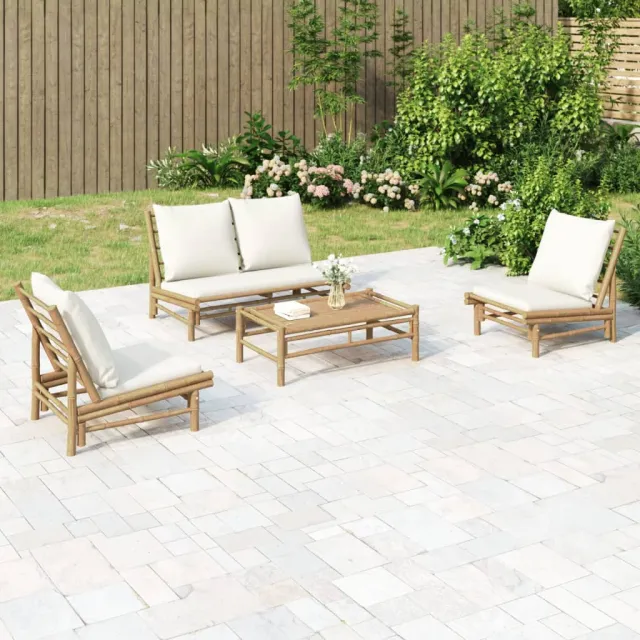 Salon de jardin 4 pcs avec coussins blanc crème bambou