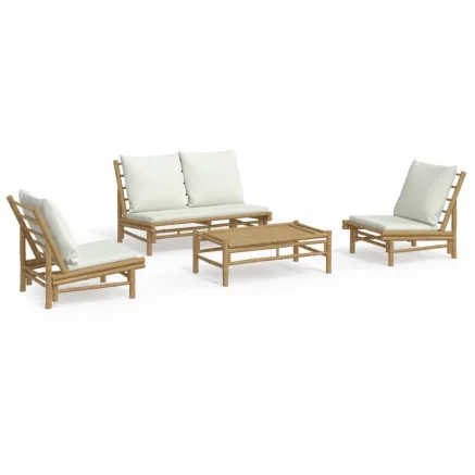 Salon de jardin 4 pcs avec coussins blanc crème bambou 2