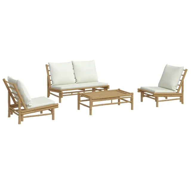 Salon de jardin 4 pcs avec coussins blanc crème bambou