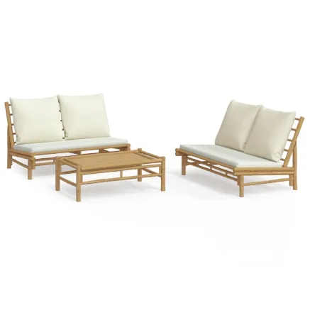 Salon de jardin 3 pcs avec coussins blanc crème bambou 2