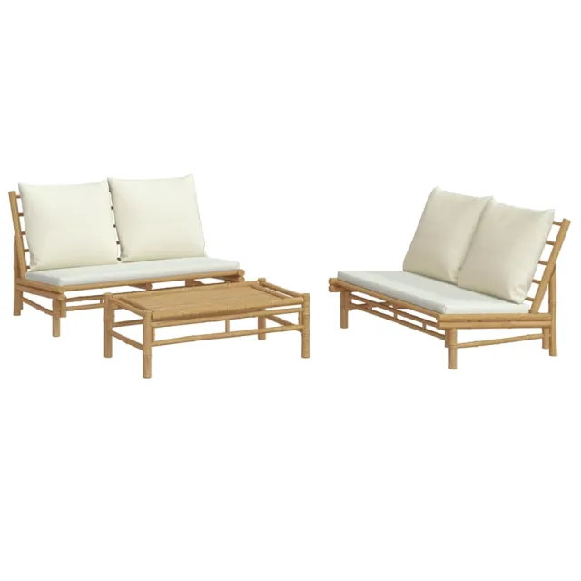 Salon de jardin 3 pcs avec coussins blanc crème bambou
