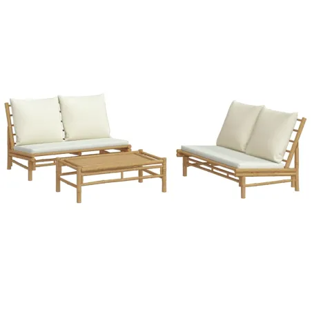 Salon de jardin 3 pcs avec coussins blanc crème bambou