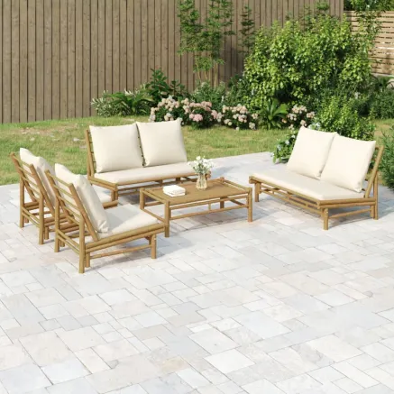 Salon de jardin 5 pcs avec coussins blanc crème bambou