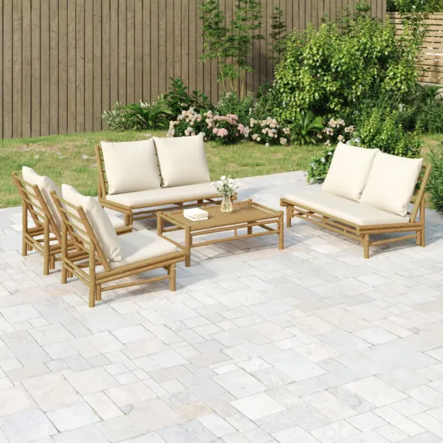 Salon de jardin 5 pcs avec coussins blanc crème bambou