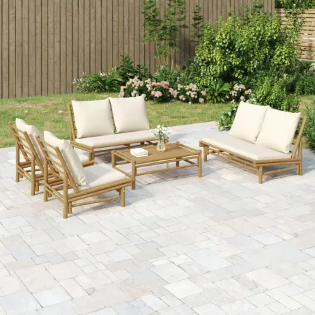 Salon de jardin 5 pcs avec coussins blanc crème bambou