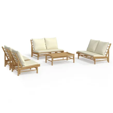 Salon de jardin 5 pcs avec coussins blanc crème bambou 2