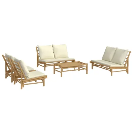 Salon de jardin 5 pcs avec coussins blanc crème bambou