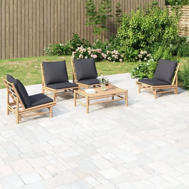 Salon de jardin 5 pcs avec coussins gris foncé bambou