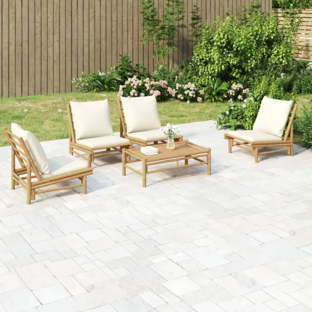Salon de jardin 5 pcs avec coussins blanc crème bambou