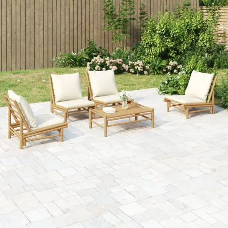 Salon de jardin 5 pcs avec coussins blanc crème bambou