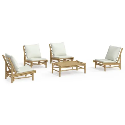 Salon de jardin 5 pcs avec coussins blanc crème bambou 2
