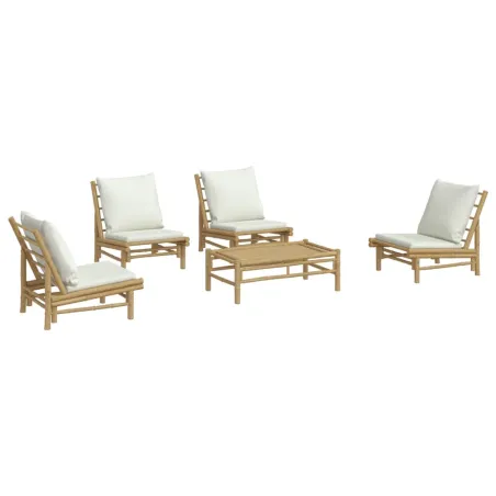 Salon de jardin 5 pcs avec coussins blanc crème bambou