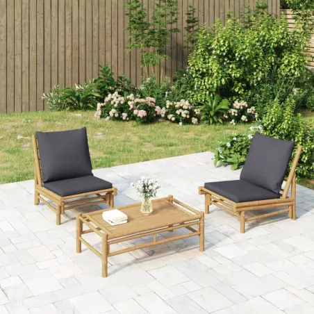 Salon de jardin 3 pcs avec coussins gris foncé bambou