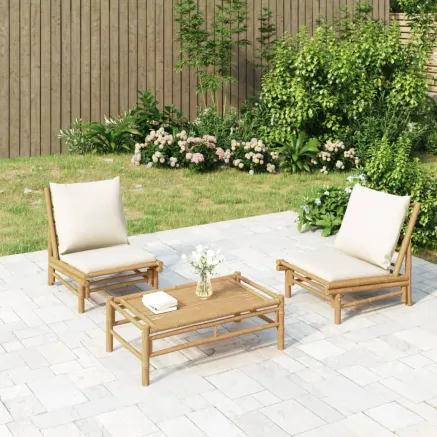 Salon de jardin 3 pcs avec coussins blanc crème bambou