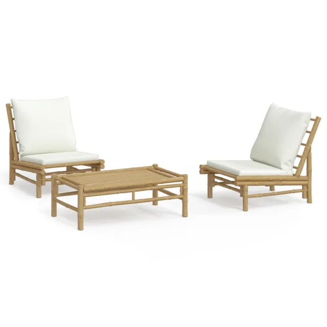 Salon de jardin 3 pcs avec coussins blanc crème bambou