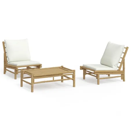 Salon de jardin 3 pcs avec coussins blanc crème bambou