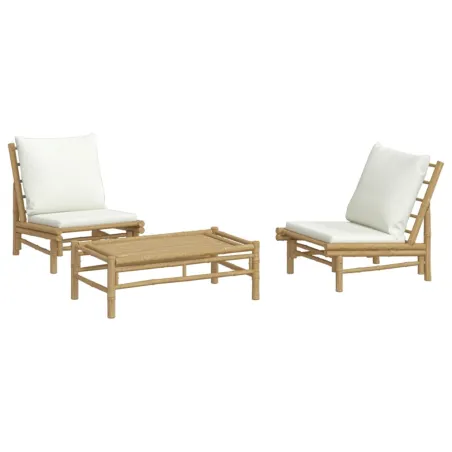 Salon de jardin 3 pcs avec coussins blanc crème bambou