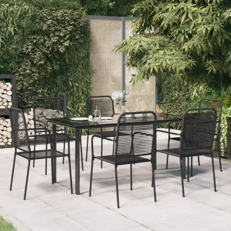 Ensemble à manger de jardin 7 pcs Noir Corde de coton et acier